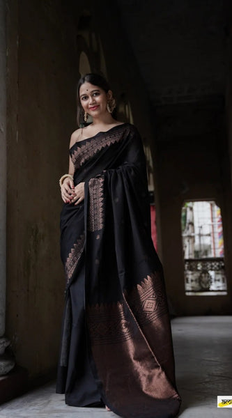 Extraordinary Black Soft Silk Saree With Intricate Blouse Piece