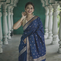 Elegant Banarasi Silk Saree with Gold Zari Embellishments Navy Blue