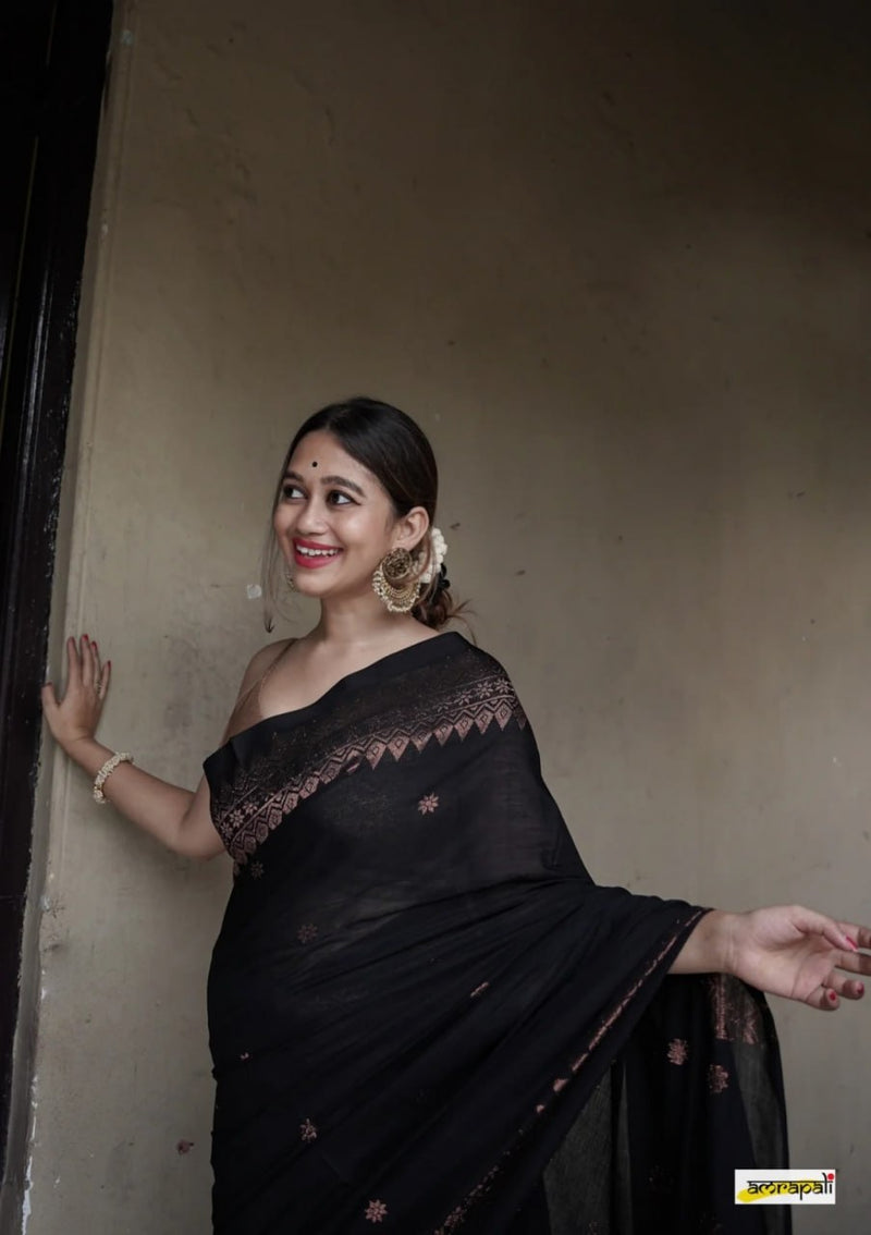 Extraordinary Black Soft Silk Saree With Intricate Blouse Piece