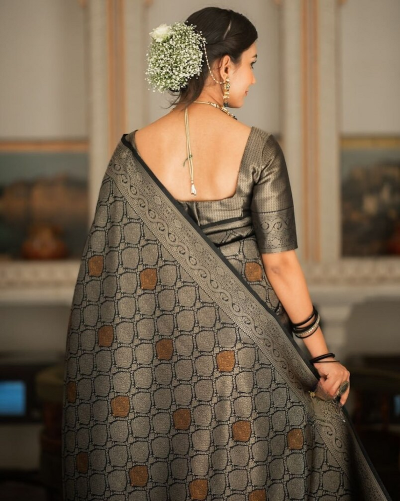 Sumptuous Black Soft Silk Saree With Imbrication Blouse Piece