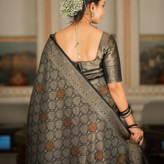 Sumptuous Black Soft Silk Saree With Imbrication Blouse Piece