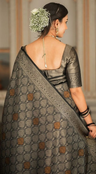 Sumptuous Black Soft Silk Saree With Imbrication Blouse Piece
