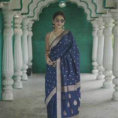 Elegant Banarasi Silk Saree with Gold Zari Embellishments Navy Blue