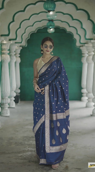 Elegant Banarasi Silk Saree with Gold Zari Embellishments Navy Blue