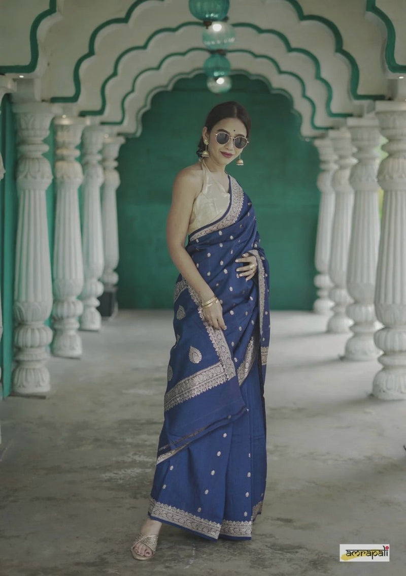 Elegant Banarasi Silk Saree with Gold Zari Embellishments Navy Blue