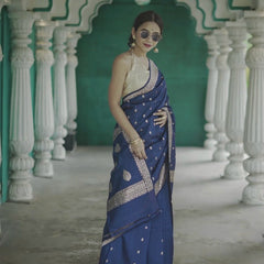 Elegant Banarasi Silk Saree with Gold Zari Embellishments Navy Blue