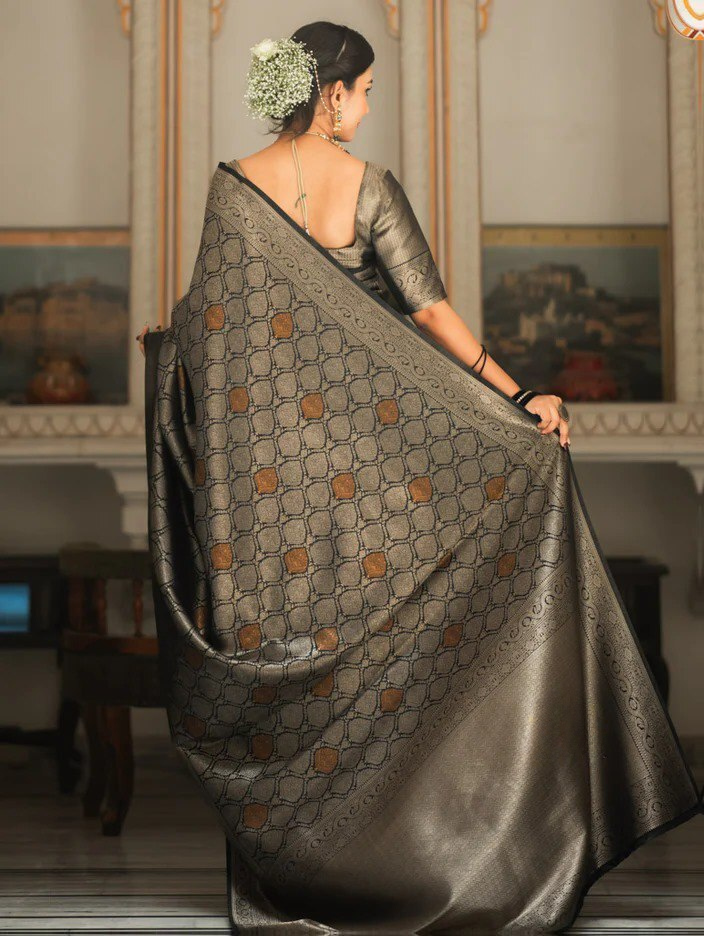 Sumptuous Black Soft Silk Saree With Imbrication Blouse Piece