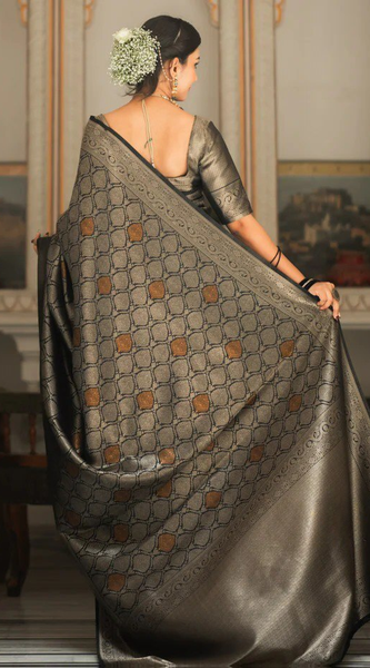 Sumptuous Black Soft Silk Saree With Imbrication Blouse Piece