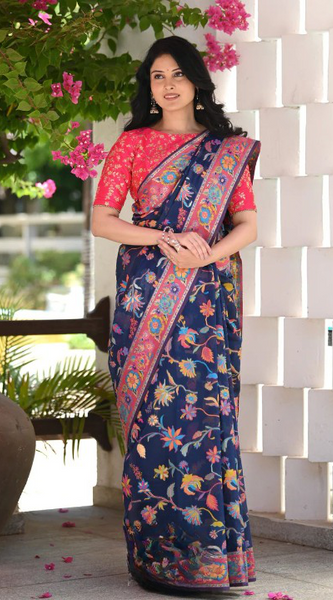 Printed Banarasi Silk Saree with Heavy Zari Brocade Navy Blue