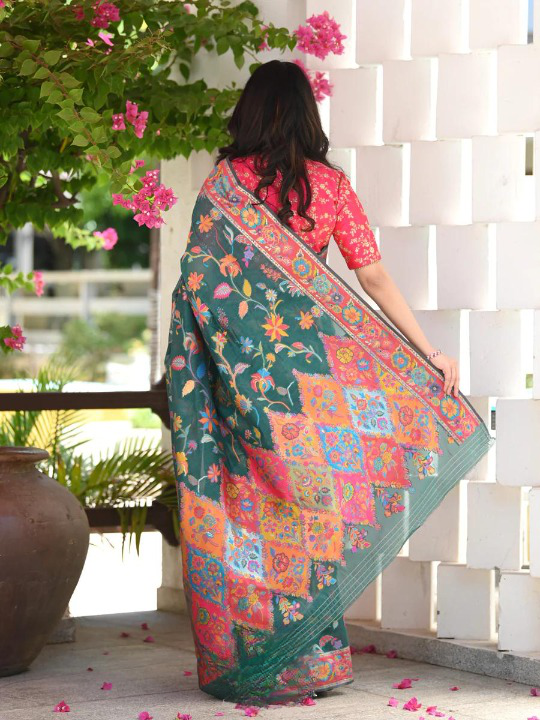 Printed Banarasi Silk Saree with Heavy Zari Brocade Green