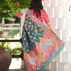 Printed Banarasi Silk Saree with Heavy Zari Brocade Green