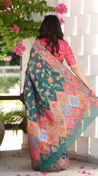Printed Banarasi Silk Saree with Heavy Zari Brocade Green