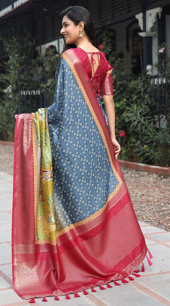 Premium Pure Viscose Dola Silk Saree & Pichwai Kalamkari Design