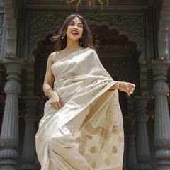 Elegant Banarasi Silk Saree with Gold Zari Embellishments Cream