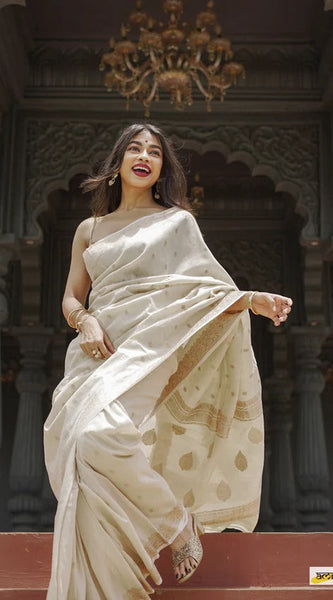 Elegant Banarasi Silk Saree with Gold Zari Embellishments Cream