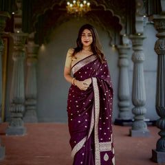 Elegant Banarasi Silk Saree with Gold Zari Embellishments Wine