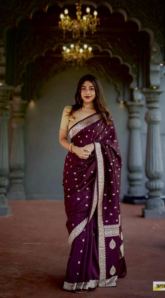 Elegant Banarasi Silk Saree with Gold Zari Embellishments Wine