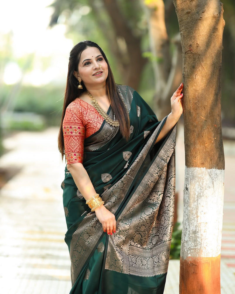 Regal Green & Gold Banarasi Silk Saree with Contrasting Red Brocade Blouse