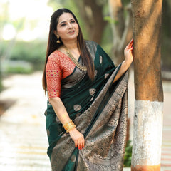 Regal Green & Gold Banarasi Silk Saree with Contrasting Red Brocade Blouse
