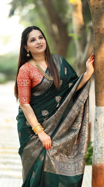 Regal Green & Gold Banarasi Silk Saree with Contrasting Red Brocade Blouse