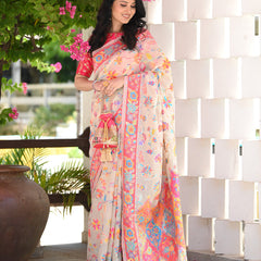 Printed Banarasi Silk Saree with Heavy Zari Brocade White
