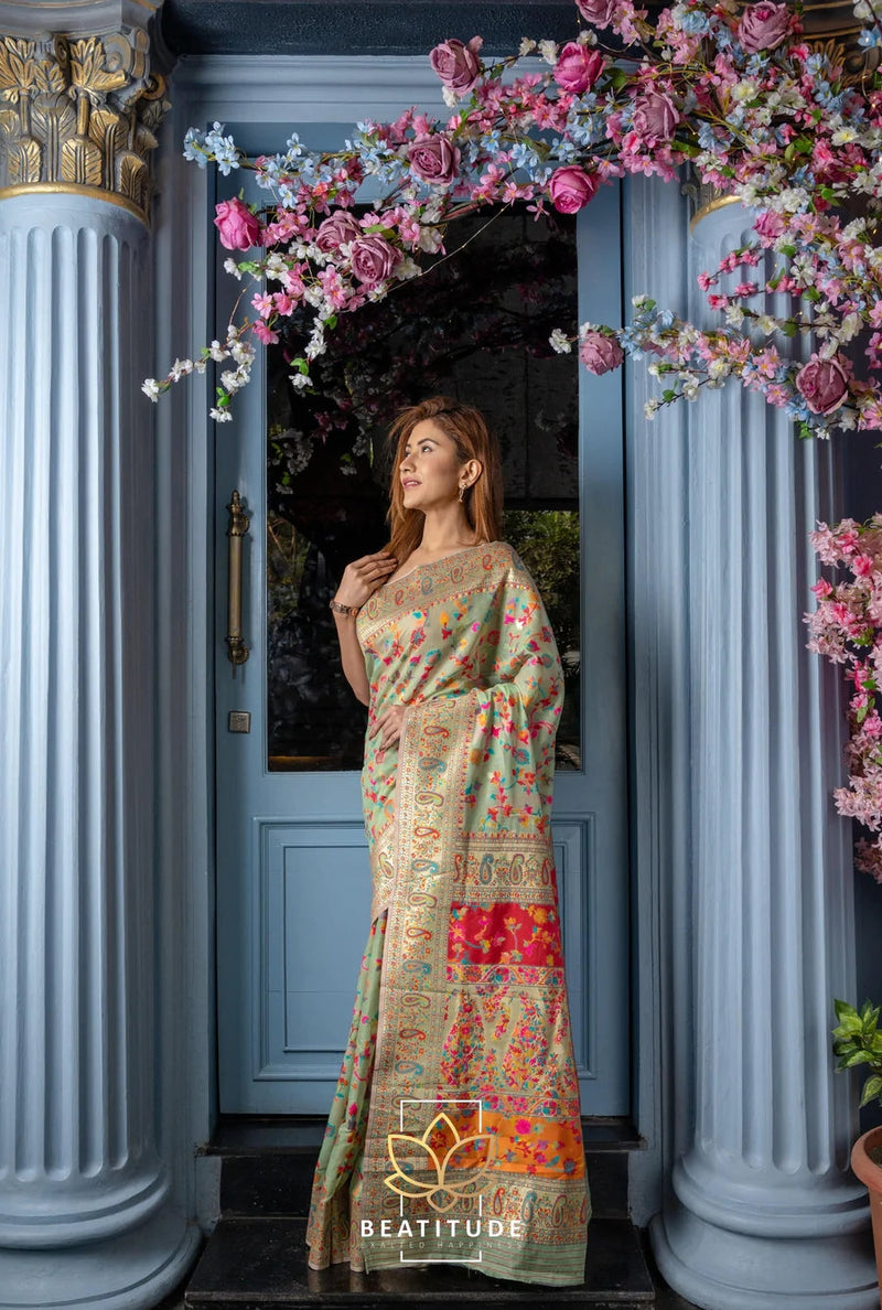 Wedding Special Banarasi Silk Saree with Zari Work Pasta Green