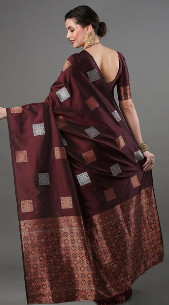 Ethnic Banarasi Saree – Handwoven Soft Silk Fabric Wine Saree