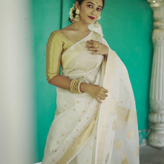 Elegant Banarasi Silk Saree with Gold Zari Embellishments White