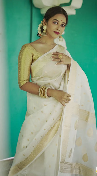Elegant Banarasi Silk Saree with Gold Zari Embellishments White