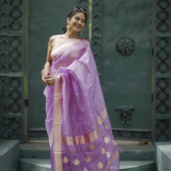 Elegant Banarasi Silk Saree with Gold Zari Embellishments Light Purple