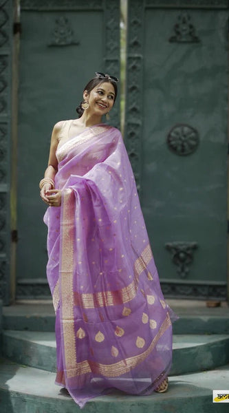 Elegant Banarasi Silk Saree with Gold Zari Embellishments Light Purple