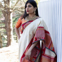 Pure Banarasi Silk Saree with Intricate Weaving White with red Big Border