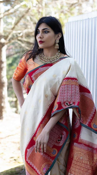 Pure Banarasi Silk Saree with Intricate Weaving White with red Big Border