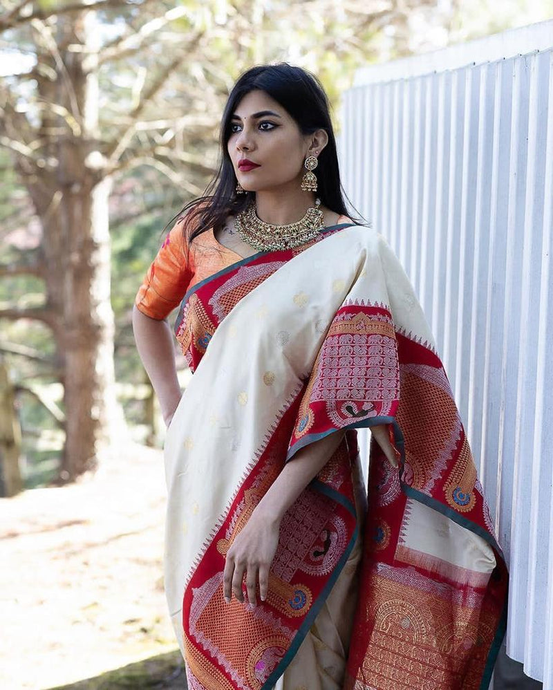 Pure Banarasi Silk Saree with Intricate Weaving White with red Big Border