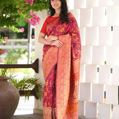 Elegant Banarasi Silk Saree with Zari Border & Pallu Red