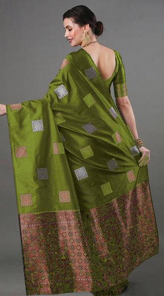 Ethnic Banarasi Saree – Handwoven Soft Silk Fabric Mehndi Saree