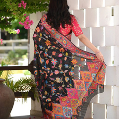 Printed Banarasi Silk Saree with Heavy Zari Brocade Black
