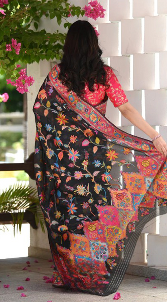 Printed Banarasi Silk Saree with Heavy Zari Brocade Black