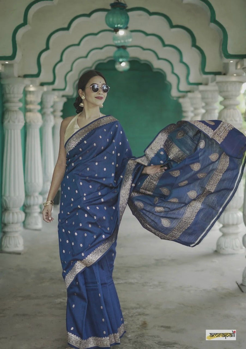 Elegant Banarasi Silk Saree with Gold Zari Embellishments Navy Blue