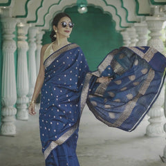 Elegant Banarasi Silk Saree with Gold Zari Embellishments Navy Blue
