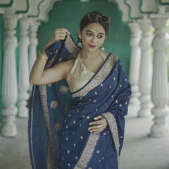 Elegant Banarasi Silk Saree with Gold Zari Embellishments Navy Blue