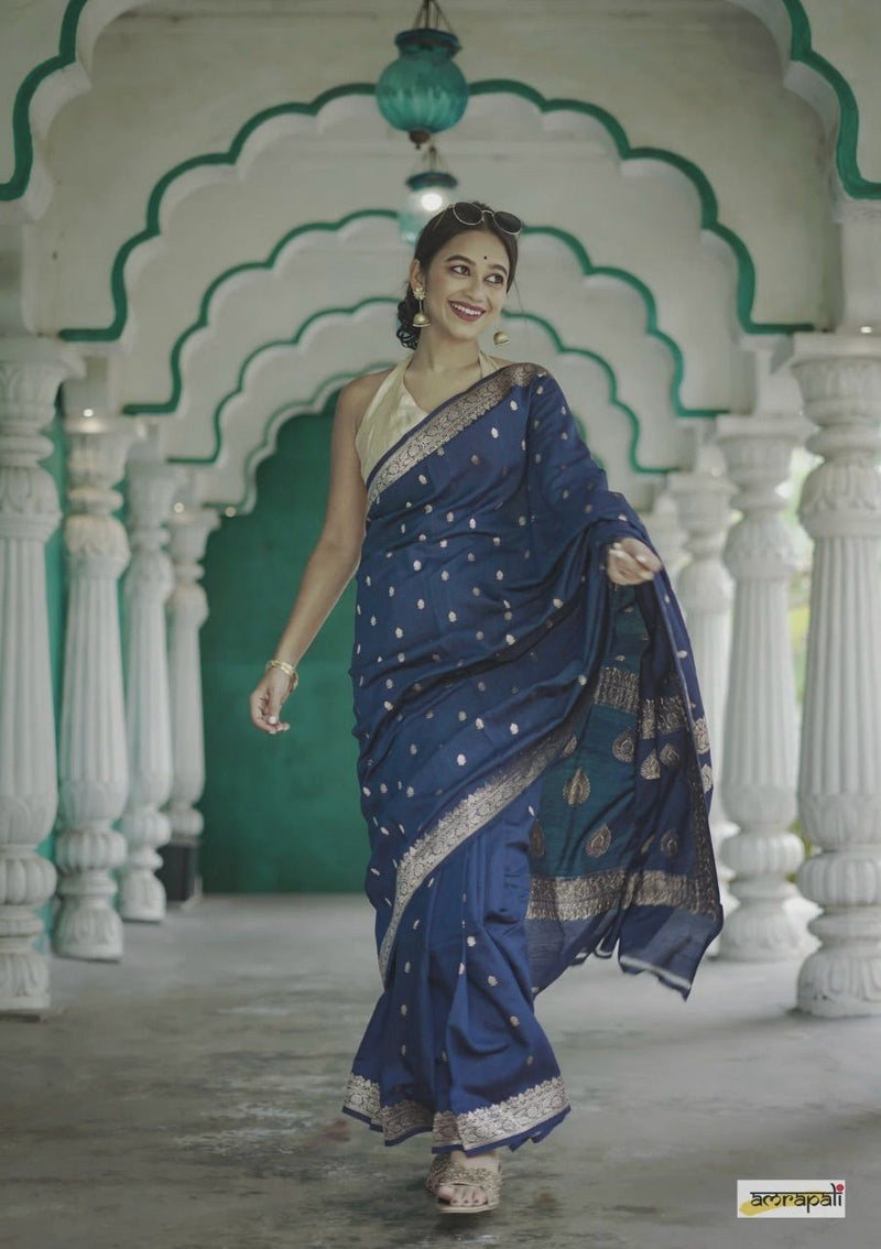 Elegant Banarasi Silk Saree with Gold Zari Embellishments Navy Blue