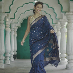 Elegant Banarasi Silk Saree with Gold Zari Embellishments Navy Blue