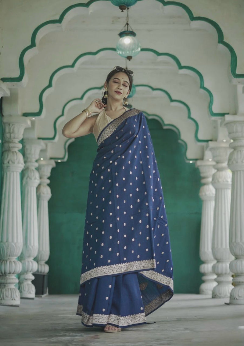 Elegant Banarasi Silk Saree with Gold Zari Embellishments Navy Blue