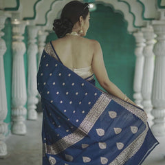 Elegant Banarasi Silk Saree with Gold Zari Embellishments Navy Blue
