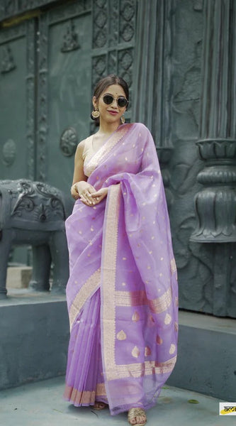 Elegant Banarasi Silk Saree with Gold Zari Embellishments Light Purple