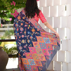 Printed Banarasi Silk Saree with Heavy Zari Brocade Navy Blue