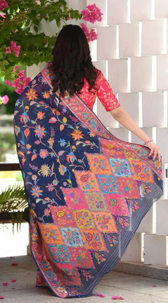 Printed Banarasi Silk Saree with Heavy Zari Brocade Navy Blue