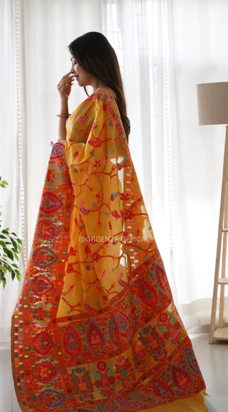 Banarasi Silk Saree Printed– Rich Fabric, Royal Look Yellow Saree