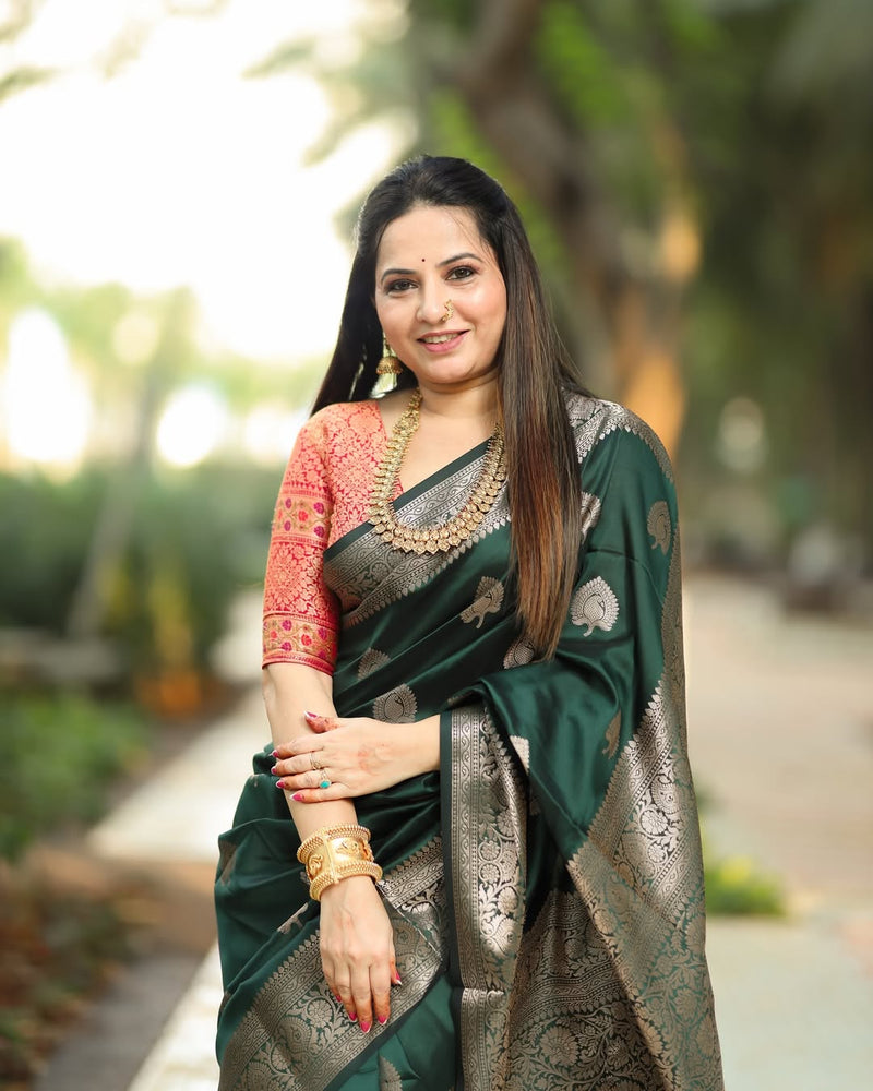Regal Green & Gold Banarasi Silk Saree with Contrasting Red Brocade Blouse